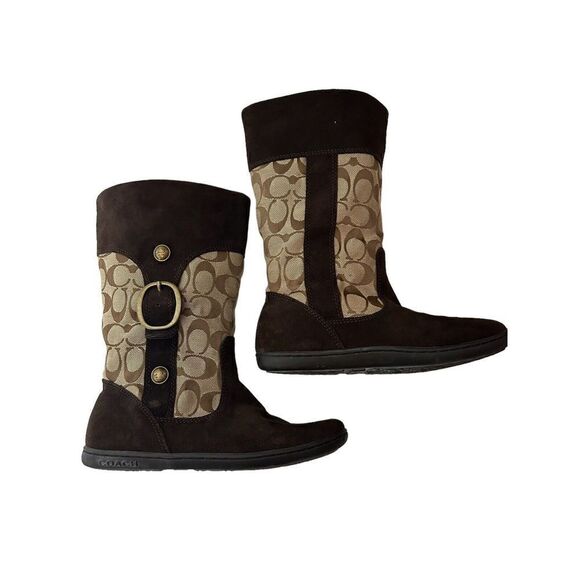 Coach Meyer Khaki Chestnut Brown C Logo Signature & Suede Boots Brass Sz 6.5 - Picture 5 of 9
